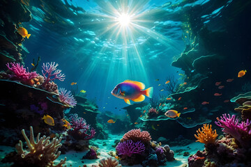 An underwater ecosystem teeming with vibrant marine life, emphasizing the beauty and importance of marine biodiversity. Colorful fish background. Neon colors.