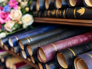 Array of Graduation Diplomas Displayed Proudly on Velvet-Lined Shelf with Fresh Flowers