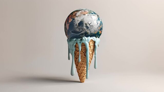This provocative image portrays Earth as an ice cream scoop melting atop a cone, a creative metaphor for global warming and climate change