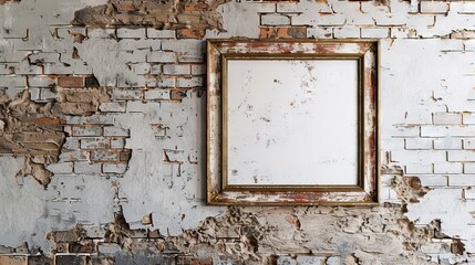 A blank photo frame is hanging on a brick wall.