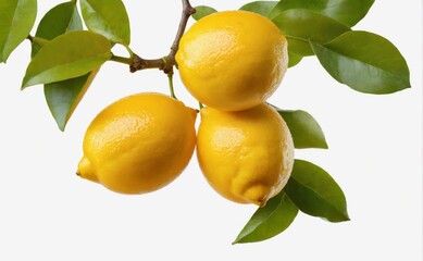 Fresh delicious lemons on branch on white background
