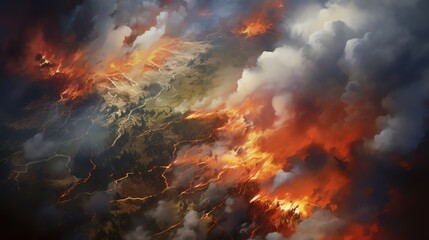 Aerial view of a large forest fire, plumes of smoke and patches of flames visible, showcasing the scale of the disaster