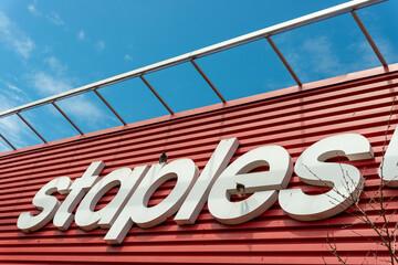 Obraz premium exterior sign (detail) of Staples, an office supply store chain, located here at 542 Keele Street in Toronto, Canada