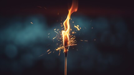 Detailed macro shot of a lit match, the flame at the tipping point of ignition, against a dark, moody background