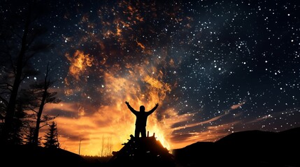 Silhouette of a person throwing firewood into a bright bonfire, starry night sky in the background, wilderness camping scene