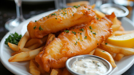 A platter of crispy fish and chips, with golden-brown battered fish fillets, served with a side of...