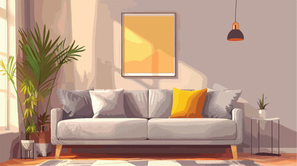 Interior of living room with cozy grey sofa and paint