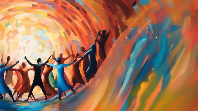 Vibrant figures dance in unity against a backdrop of a radiant mosaic, symbolizing cultural harmony and the celebration of diversity. An active social life. Peoples' relations