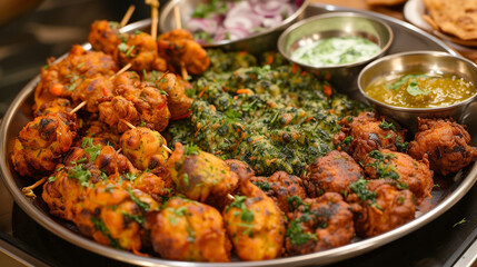 A platter of crispy and spicy pakoras, with a variety of vegetables such as potatoes, onions, and spinach, deep-fried to perfection, served with mint chutney.