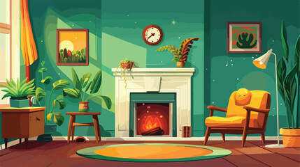 Interior of living room with fireplace near green wallpaper