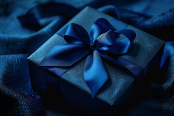 caja de regalo azul oscuro con cinta azul