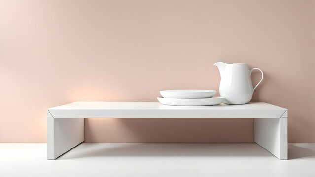 A white table with a white pitcher and two white plates