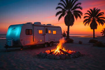 Cozy warm evening near travel trailer, campfire and guitar, family camping on caravan, rest at nature. Beautiful Sunset Background.