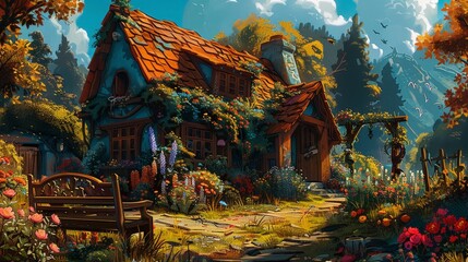 Obraz premium Illustration of a charming storybook cottage nestled in an enchanted garden full of lush flowers and foliage, with a whimsical forest backdrop.