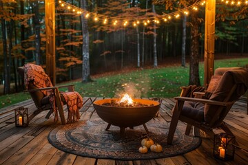 A serene backyard setting with a fire pit alight, providing warmth and comfort during a cool autumn evening