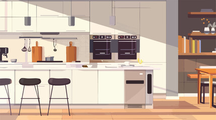 Interior of modern kitchen with island builtin oven