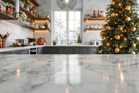 An upscale kitchen interior design for the holiday season with a beautifully decorated Christmas tree and sophisticated elements
