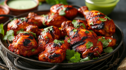 A platter of tender and juicy tandoori chicken, marinated in a blend of spices and yogurt, grilled...