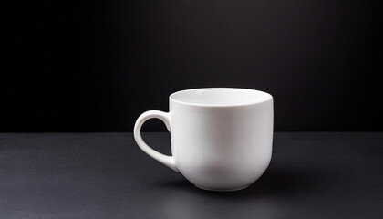 Close-up of ceramic white cup on isolated black background. Tea or coffee mug. Drink ware. Mock up.