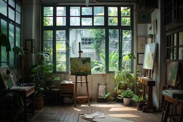 Creative Workspace with Plants and Painting Easel in Front of Window in Artist's Studio