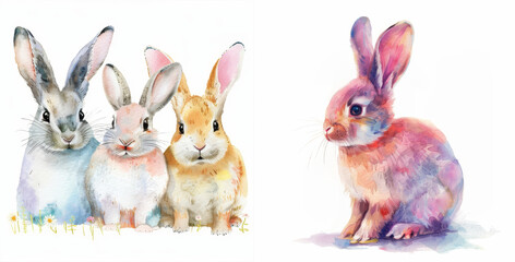 group of bunnies, white background, illustration, art, watercolors 