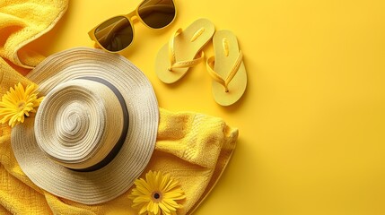 Summer essentials - sunglasses, beach towel, flip-flops, and a striped hat - against a vibrant yellow backdrop, embodying the anticipation of warm days by the shore.