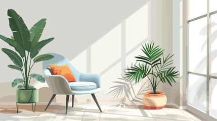 Interior of room with stylish armchair and houseplant
