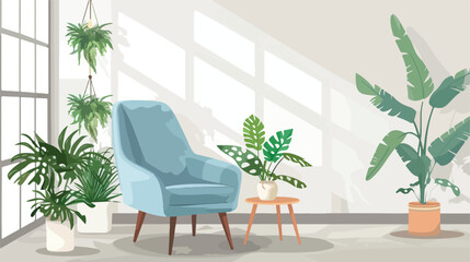 Interior of room with stylish armchair and houseplant