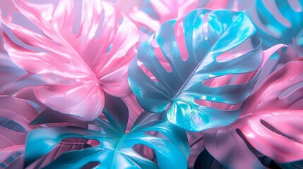 Vibrant holographic tropical leaves intertwine in an enigmatic abstract dreamscape, where surrealism meets a minimalist aesthetic, inviting contemplation and escapism. - obrazy, fototapety, plakaty