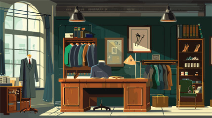 Interior of stylish atelier with tailors workplace  - obrazy, fototapety, plakaty