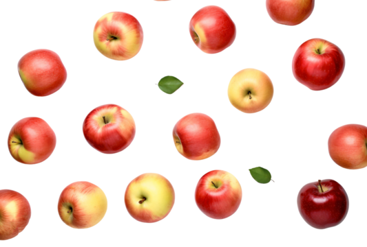 Falling red apples isolated on white, cut out transparent