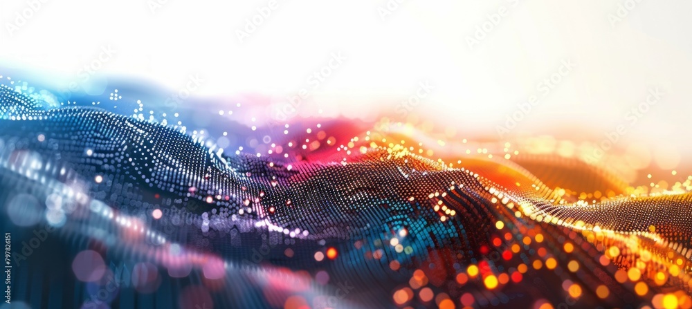 Poster Colorful vibrant wave data virtual particles. Digital cyberspace technology background. Generative AI technology.	
