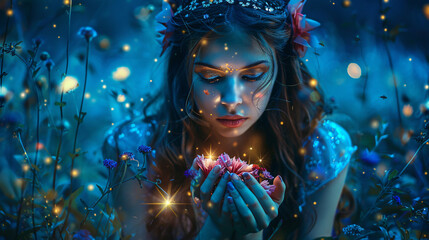 Art photo fantasy fairy woman holds bouquet flower 