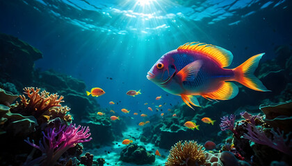 An underwater ecosystem teeming with vibrant marine life, emphasizing the beauty and importance of marine biodiversity. Colorful fish background. Neon colors.