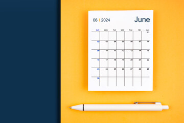 June 2024 calendar card for 2024 year on blue and yellow background.