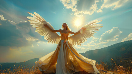 Art photo Fantasy woman angel pray goddess raises hand