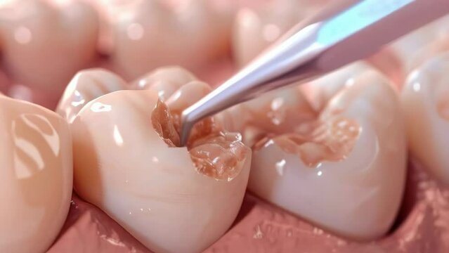 A highly detailed close-up image of a dental caries treatment process showing a dental instrument and affected teeth. Drilling into tooth enamel. Removal of nerve and caries. Filling