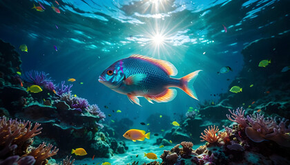 An underwater ecosystem teeming with vibrant marine life, emphasizing the beauty and importance of marine biodiversity. Colorful fish background. Neon colors.