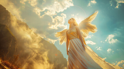 Art photo Fantasy woman angel pray goddess raises hand