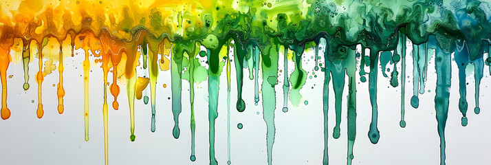 Green and yellow watercolor paint drip on transparent background. - obrazy, fototapety, plakaty