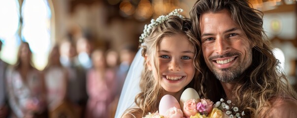Easter wishes scene at church, family dressed in Sunday best, holding pastel colored eggs, bright and cheerful mood