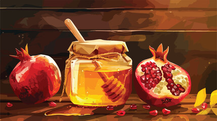 Jar of sweet honey dipper and pomegranate on table vector - obrazy, fototapety, plakaty