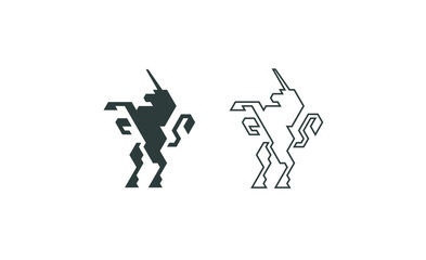 Simple Monochrome Black on White Logotype of a Unicorn Standing on Its Hind Legs. Dynamic Icon Character Symbolizing Strength and Power in Flat Geometric Style Suitable for Tshirts, logos Your Brand.