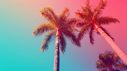 Colorful background with palm trees, summer concept. Retro color gradient in the style of various artists