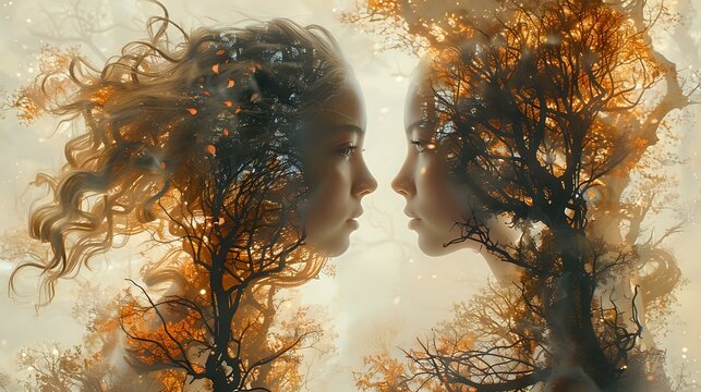 Whimsical Reflections: Double Exposure of Humans and Trees
