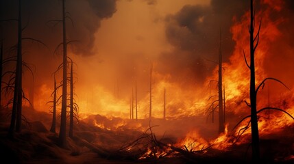 Dramatic scene of a raging wildfire engulfing forests, illustrating the destructive power of natural disasters on the environment.