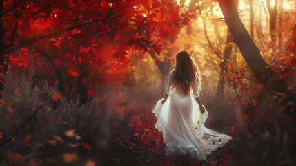 Art photo fantasy woman queen walking in gothic autumn