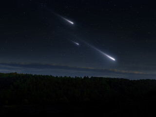 Fireballs at night over the forest. Bolides in the starry sky. Landscape with falling stars.
