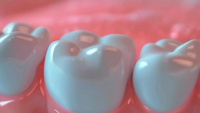 A close-up, soft-focus image highlighting the details of healthy teeth and gums in a pink hue, emphasizing the importance of dental care. Professional teeth cleaning and fluoride coating
