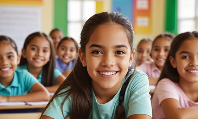 Happy Hispanic girl learning during class at elementary school and looking at camera
